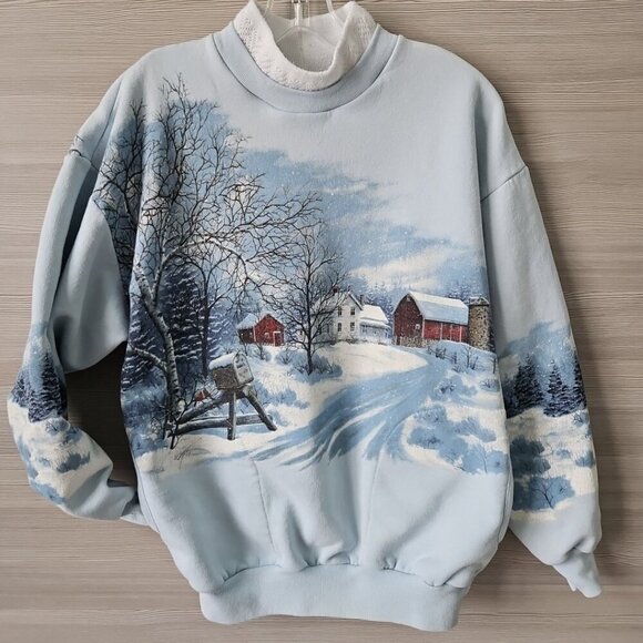 Vtg 80s 90s All Over Print Winter Wonderland Nature Sweatshirt Art Graphic XL - Picture 1 of 14
